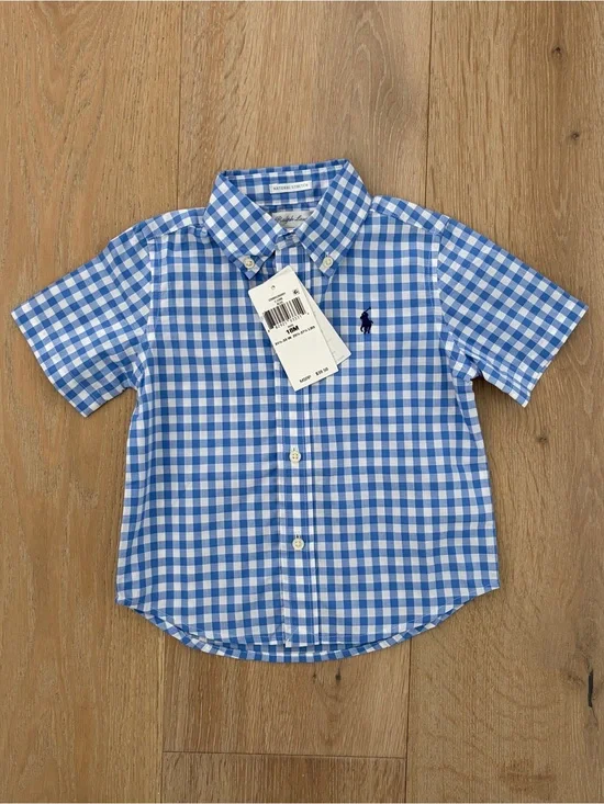 Ralph Lauren Baby Boys 18M Blue Gingham Button Down Shirt NWT Natural Stretch*O