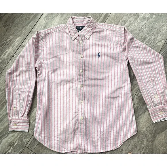 Ralph Lauren Boys Size M 12/14 Pink Blue Striped Oxford Button Down Shirt