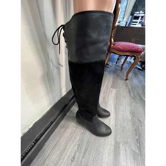 Lucky Brand Black Leather & Suede Over the Knee OTK Lace Back Boot Women 7M / 37