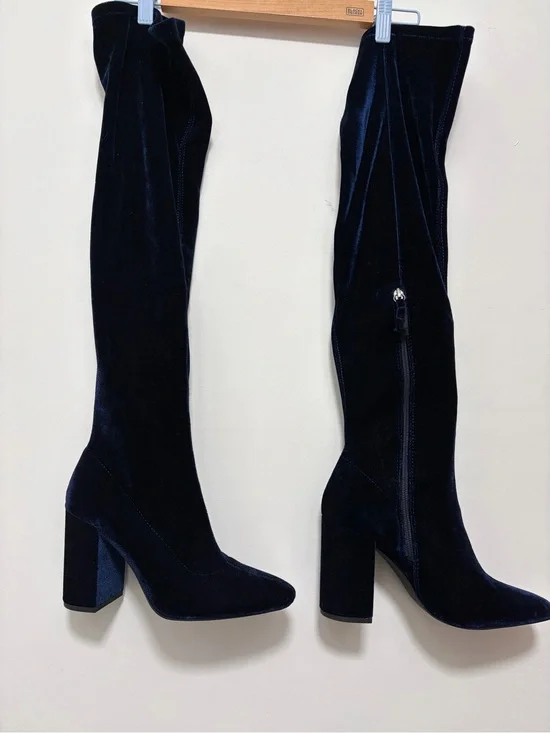 Zara Navy Velvet Over-the-Knee Block Heel Boots