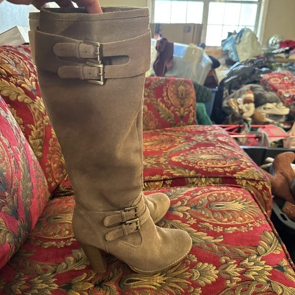 LOFT Womens Sz 6 Leather Brown Rugged Belted Knee High Boots