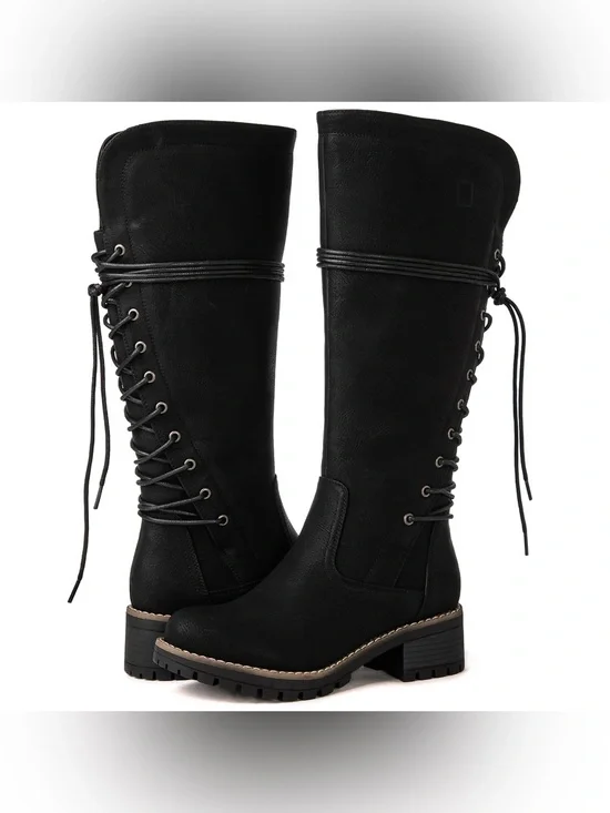 GLOBALWIN Black Lace Up Back Knee High Boots Size 7