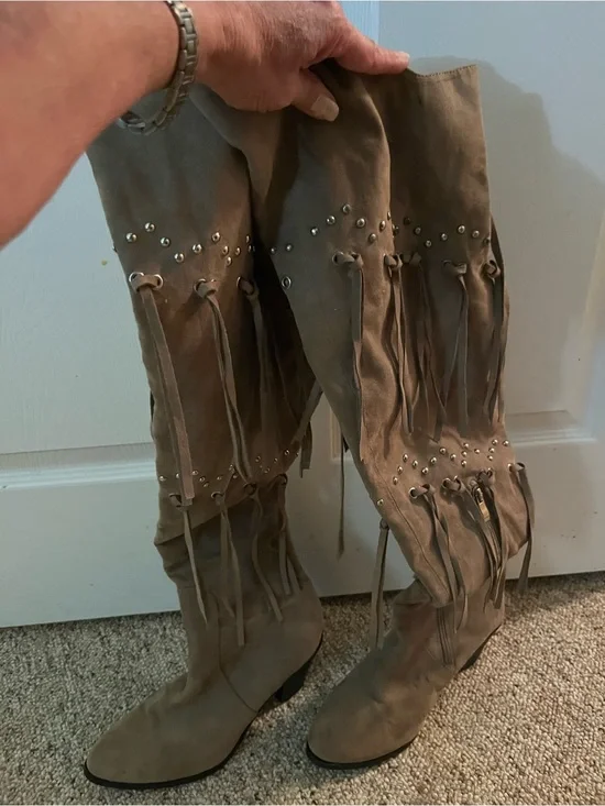 Suede Fringe Over-the-Knee Boots in Taupe