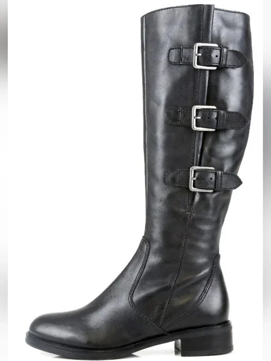 Women's Ecco Hobart Tall Black Leather Knee-High Buckle Riding Boots Size 10