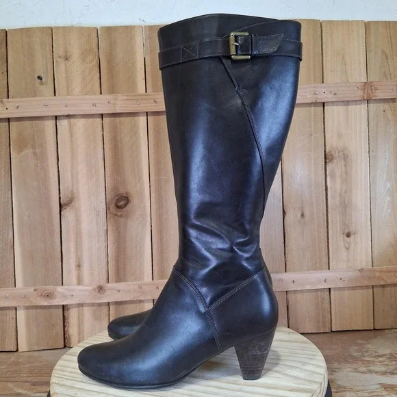 ECCO Hope‎ Tall Boots Womens 9 40 EU Brown Leather Zip Knee High Riding Buckle