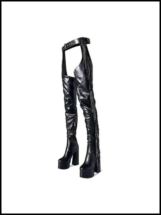 Fringe Over The Knee Platform Boots Belted Thigh High Chunky Heel Zipper