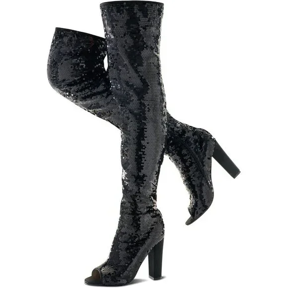 Women Black Sequin Over The Knee High Party Prom Open Toe Chunky High Heel Boot