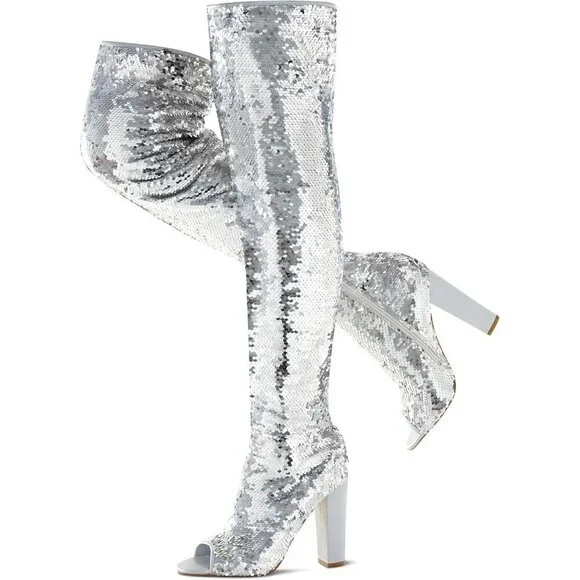 Women Sliver Sequin Over The Knee High Party Prom Open Toe Chunky High Heel Boot
