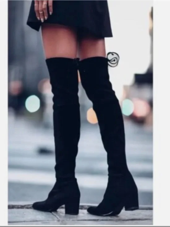 Stuart Weirzman - Over-the-Knee Black Suede Block Heel Boots - Women's