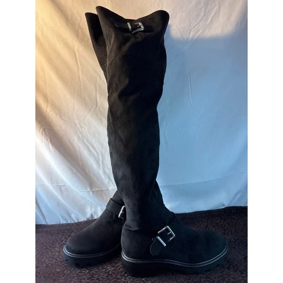 Nine West Womens Black Faux Suede Over The Knee Lug Sole Buckle Boots Size 7M
