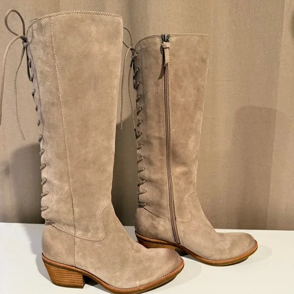 Sofft Womens Taupe Suede Tall Lace Up Back Knee High Boots Side Zip Stacked Heel