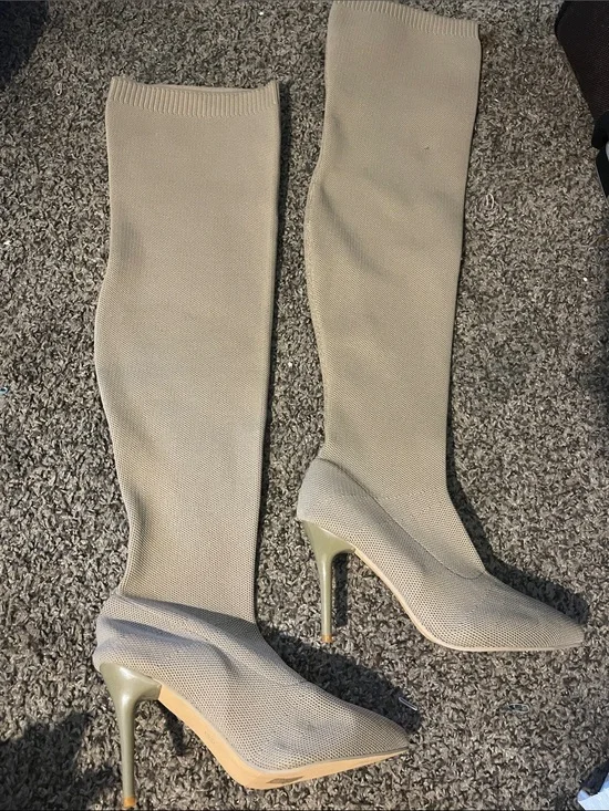 Over-the-Knee Stretch Sock Boots in Light Beige