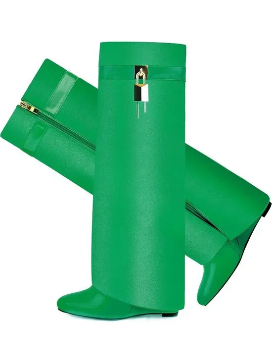 Women's Green Pointy Pull-on Side Zipper Padlock Fold Over Knee High Boots