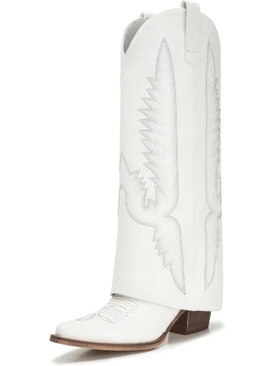 Women's White Pointy Pull-on Side Zipper Padlock Fold Over Knee High Boots