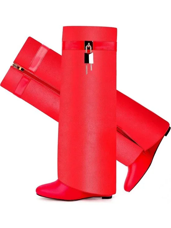 Women's Red Pointy Pull-on Side Zipper Padlock Fold Over Knee High Boots