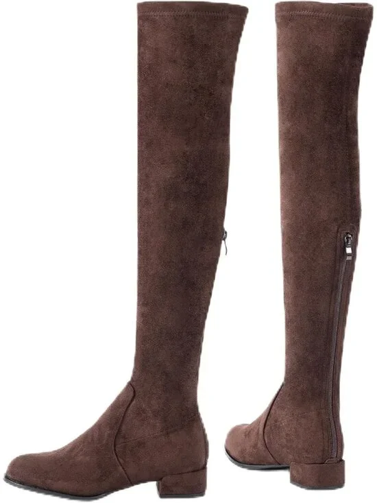 Women Coffee Suede Pointed Toe Flat Comfort Over the Knee Thigh High Boots
