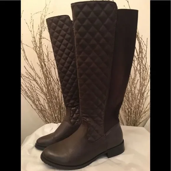 Brown Faux Leather Quilted Knee High Boots 7.5M EUC
