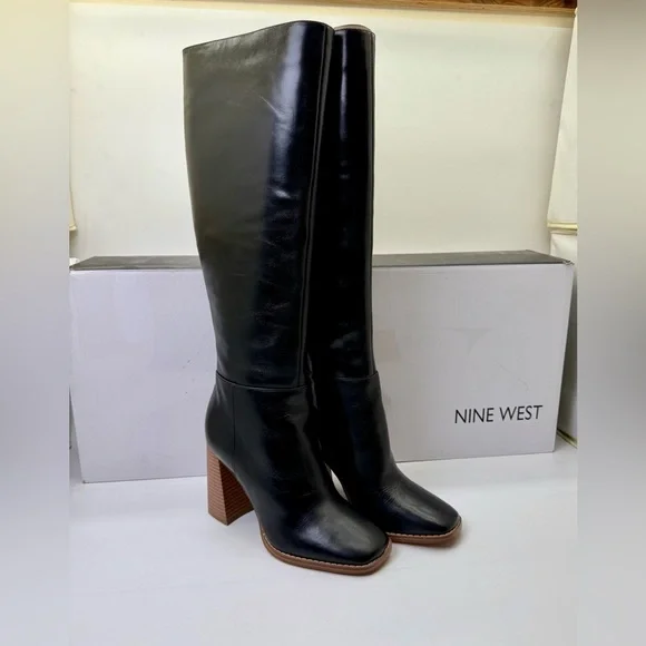 Nine West Tall Black Leather Block Heel‎ Boots – Size 5 – New in Box