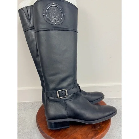Vince Camuto Womens Phillie Riding Boot Size‎ 8.5 Tall Black Leather Crest Logo