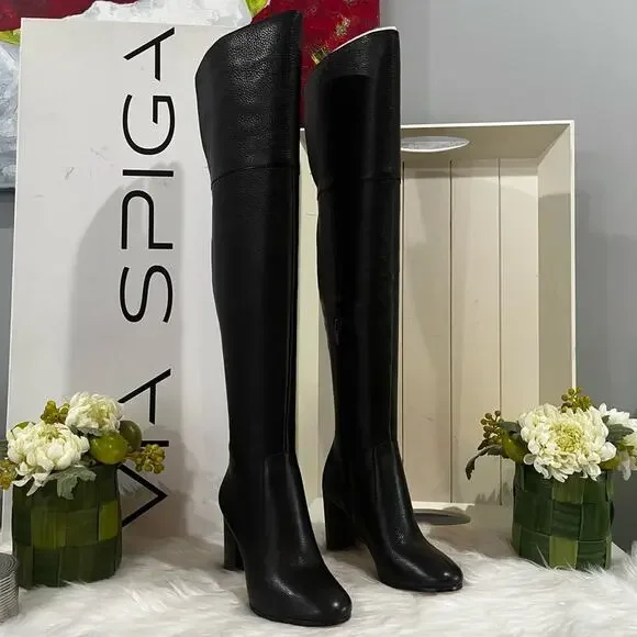 NEW Via Spiga Pebbled Leather Over The Knee OTK Chunky Heel Almond Boots 5.5 NIB