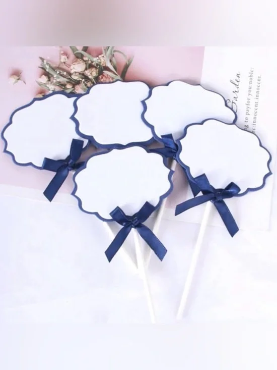 💞 New Pack of 10 White & Navy Blue Buffet Food Label Cupcake Toppers