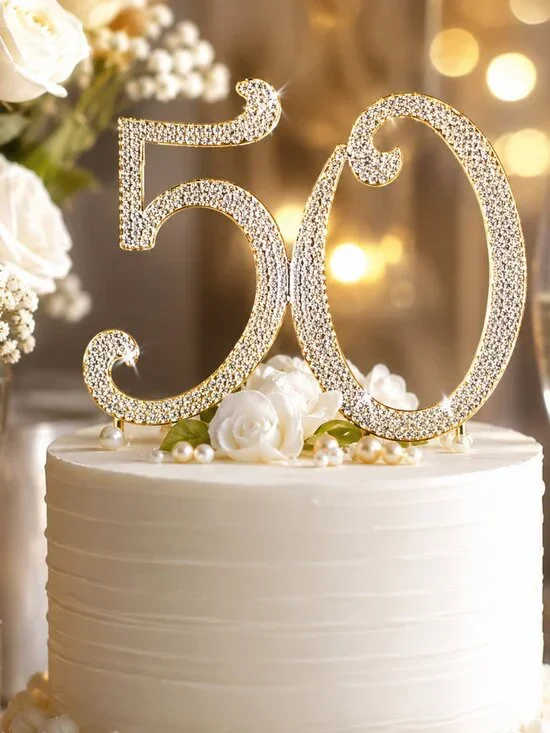 Rhinestone Cake Topper - Number 50 - Gold Metal with Czech Rhinestones