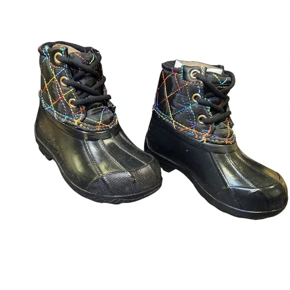 Sperry Saltwater Duck Boots Girls 6M Black‎ Rainbow Quilted Stitching Gorpcore