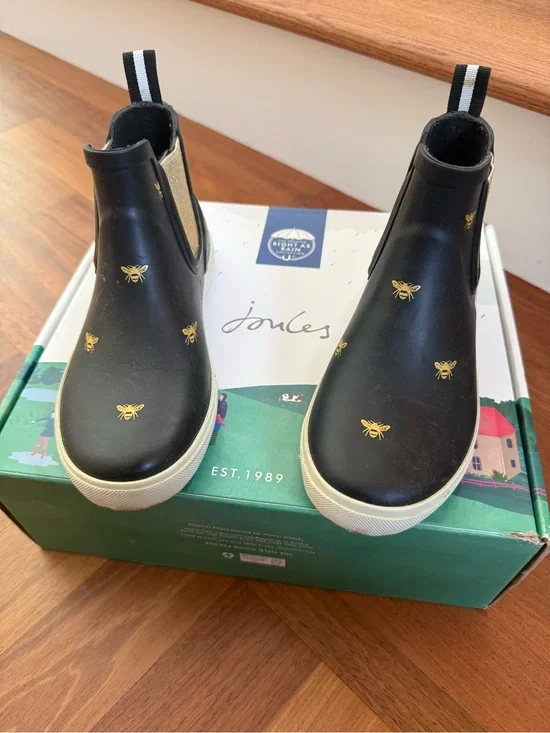 Joules Black Chelsea Rain Boots with Gold Bee Detail