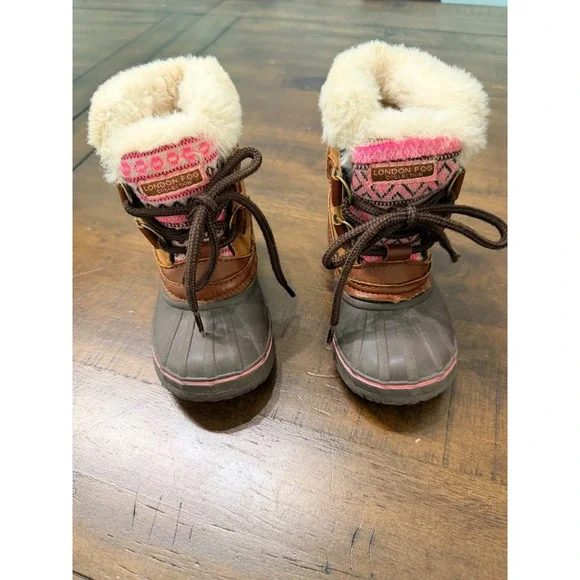 London Fog Girls Pink Fair Isle Faux Fur Trim Duck Winter Boots Tan Brown Size 6