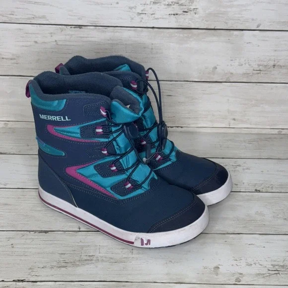 Merrell Kids Snow Bank 3.0 Waterproof Winter Boots Size 4M Navy Turquoise Pink
