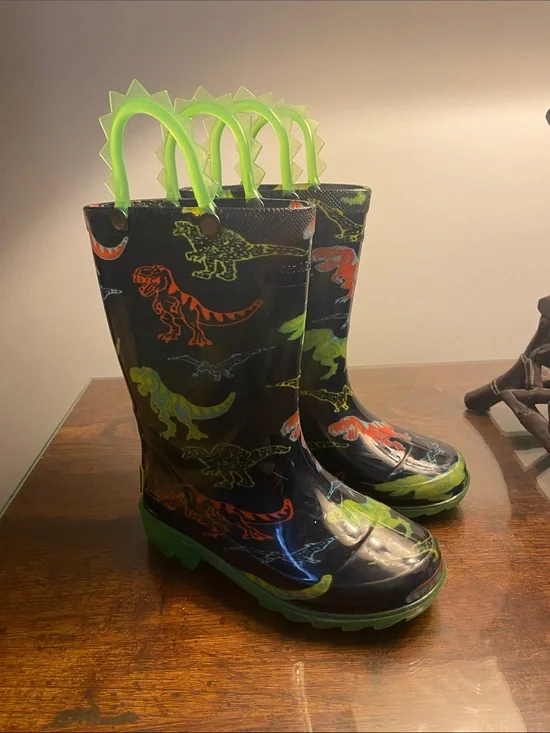 Western Chief Kids Black Rain Boots with Neon Green Handles and Accent Dinosaurs