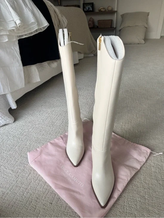 Vince Camuto Tall Cream Pointed-Toe Knee-High Boots - wide calf