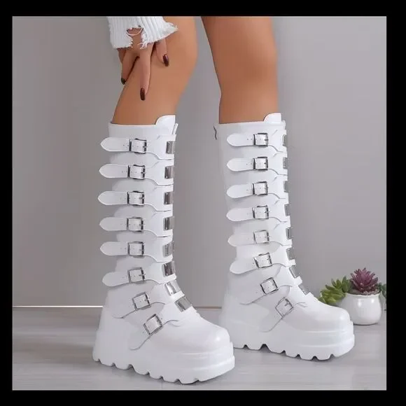 MISSLOOK White Over the Knee Buckle Boots