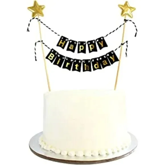Happy Birthday Black Gold Large Cake Topper Banner NWT