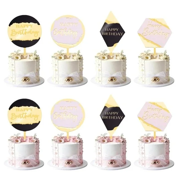 Cake Topper 8pc Birthday Unisex Gold Black Pink Modern Acrylic Set