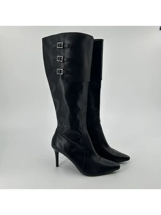 Ralph Lauren Jennison Boots 7.5B Leather Pointed Toe Stiletto Knee High Buckle