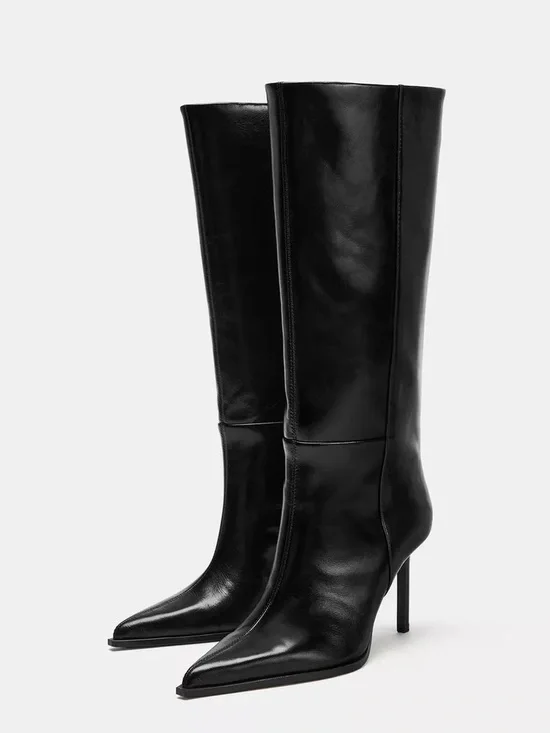 Zara Black Pointed-Toe Knee-High Stiletto Boots
