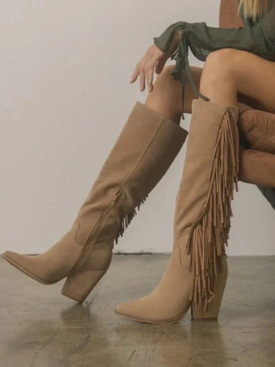 Fringe Tall Suede Boots in Taupe - Women