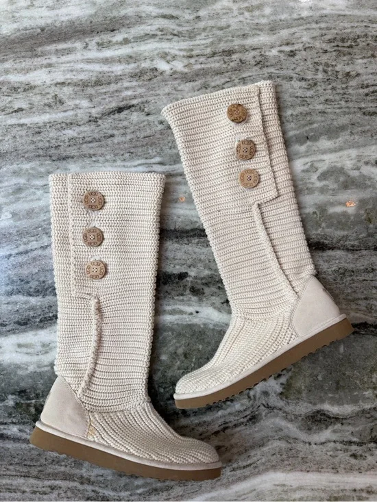 UGG Classic Cardy Over-the-Knee Knit Boots in Cream with Button Accents Size 8