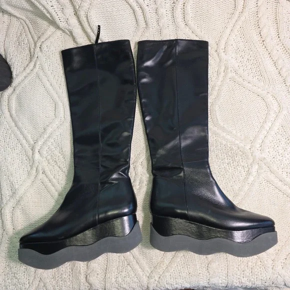 Paloma Barcelo 2 Platform‎ Wedge Knee High Boots Black Leather Womens 40 9-9.5