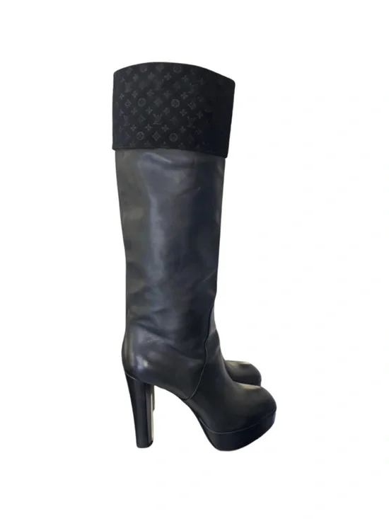 Louis Vuitton Black Leather Platform Over-the-Knee Boots with Monogram Cuff