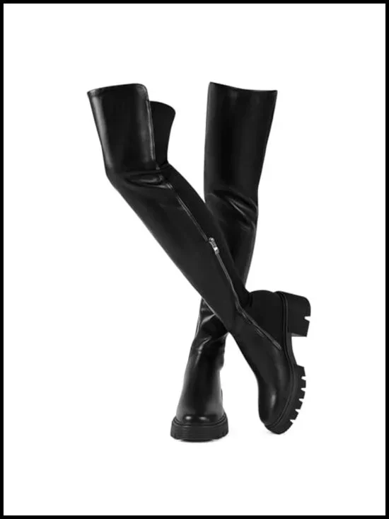 Black Suede Over the Knee Boots Platform Chunky Heel Stretch Zip