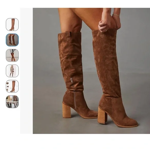 Over-the-Knee Suede Block Heel Boots - Chestnut Brown