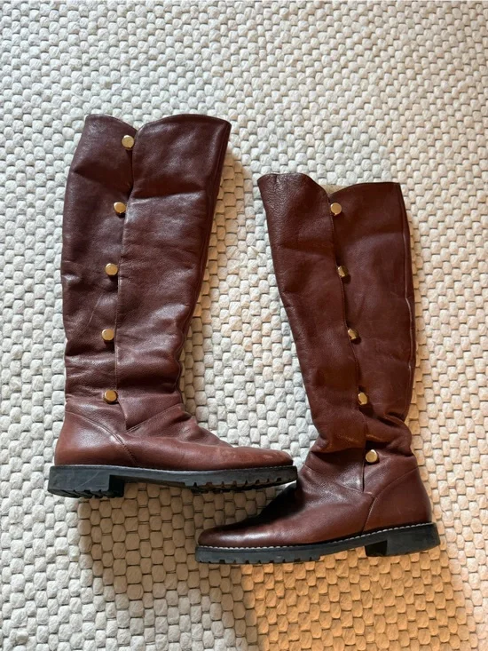 Michael Kors-Brown Leather Button-Trim Knee Boots