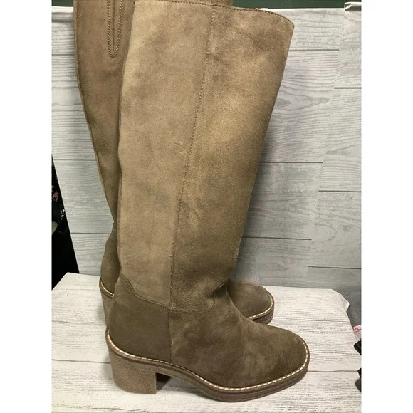 Rizzoli Italian Women's Taupe Suede‎ Knee High Boots Chunky Heel Side Zip Sz 6
