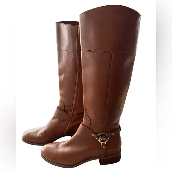 Michael Kors Chestnut Brown Leather Boots with Gold MK Accent