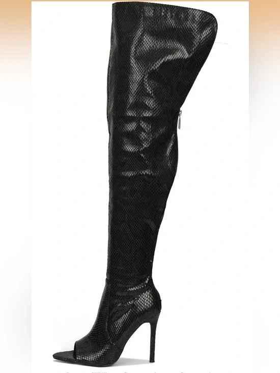 Cape Robbin Black Over-The-Knee Faux Snakeskin Stiletto Boots