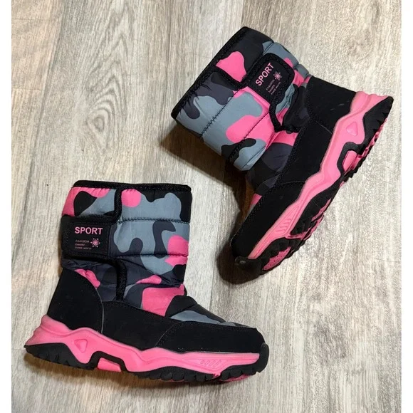 Kids Camo Sport Snow Boots Pink Black Winter‎ Warm Lined Size 33 1.5