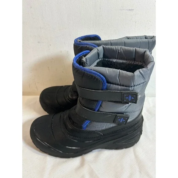 Wonder Nation Snow Boots Size 4 Black Grey Blue Quilted Hook Loop Kids