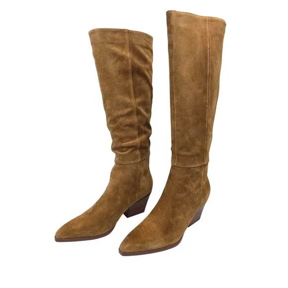 Marc Fisher Tarrie Tall Boots Womens 8 Tan Suede Pointed‎ Toe Western Block Heel